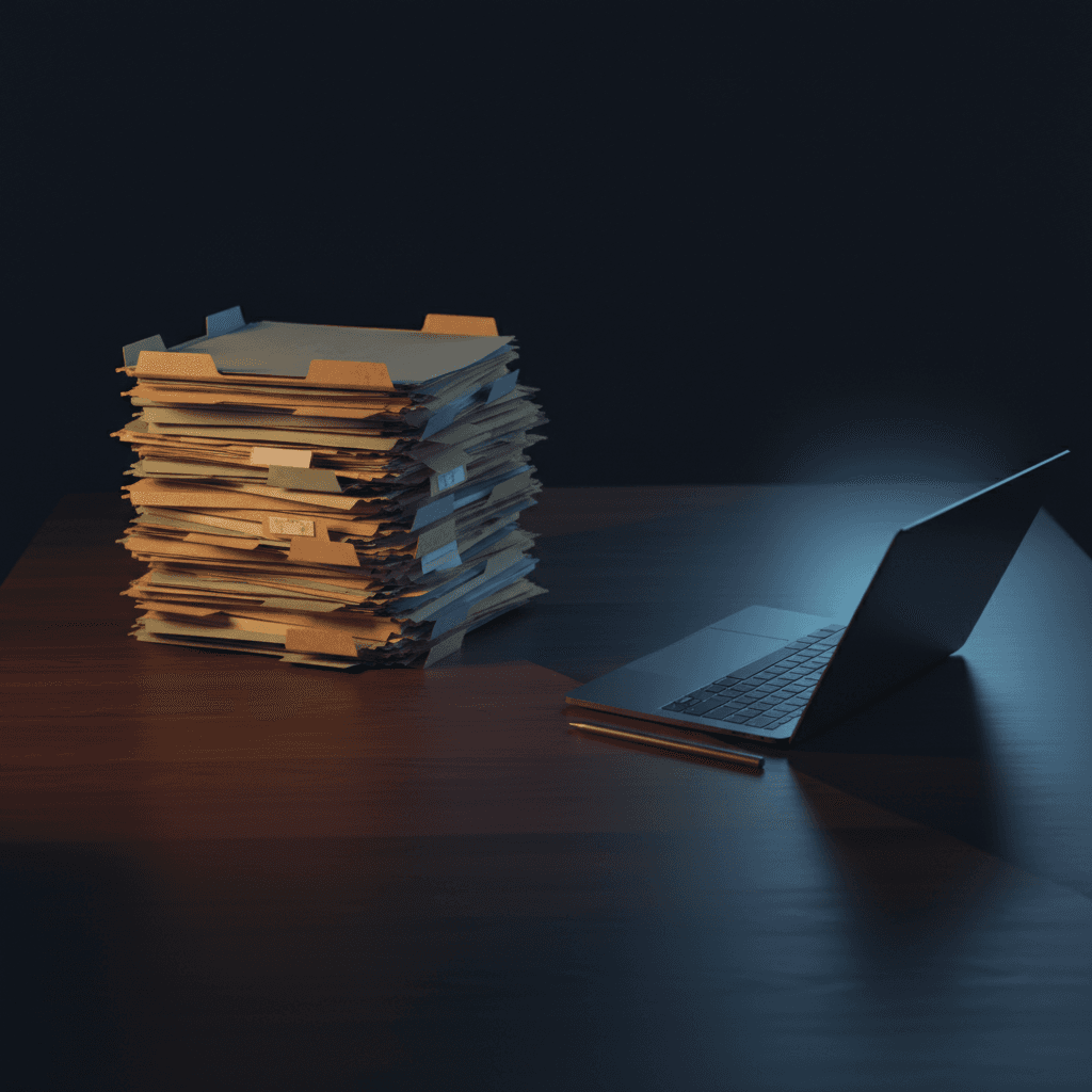 Stack de expedientes legales en papel a un lado, laptop con pantalla azul al otro, transición de lo análogo a lo digital.