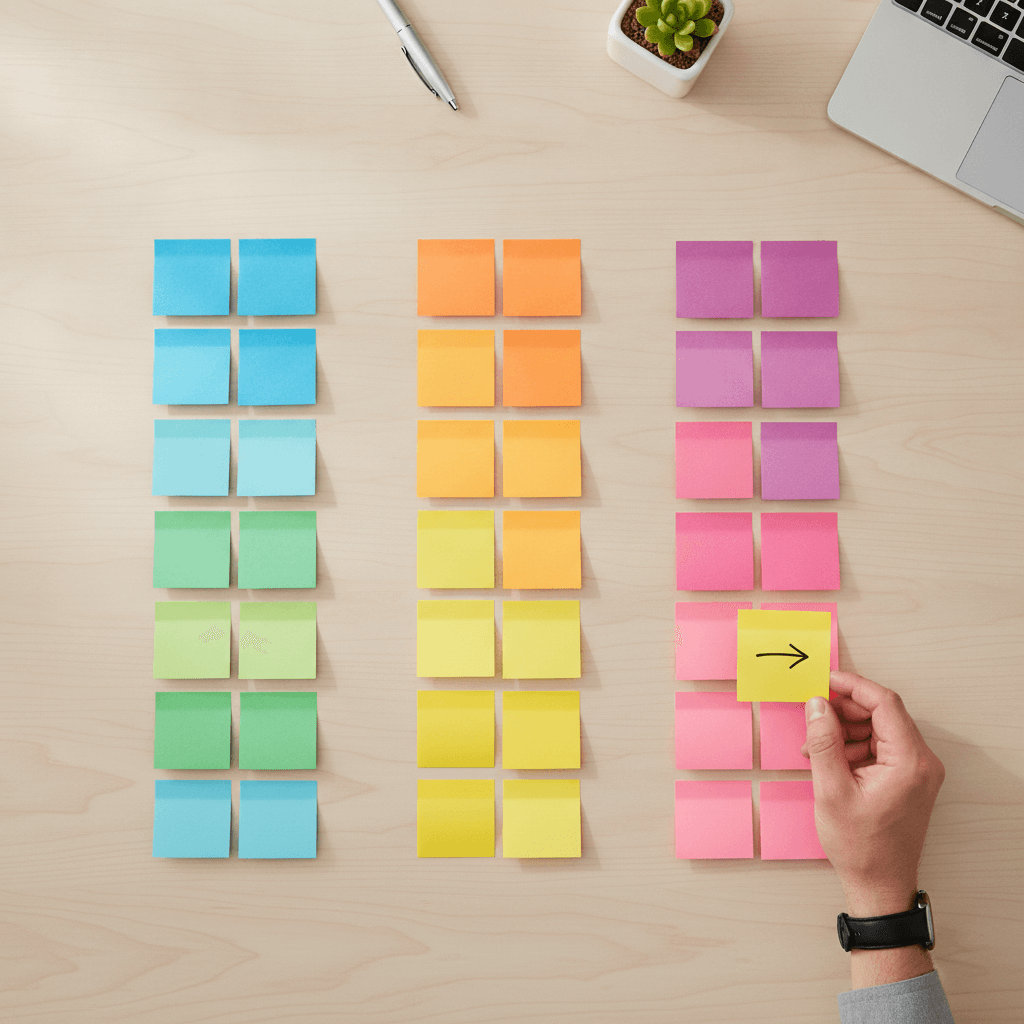 Vista aérea de post-its de colores organizados en columnas sobre una mesa de madera clara, con una mano moviendo una tarjeta.