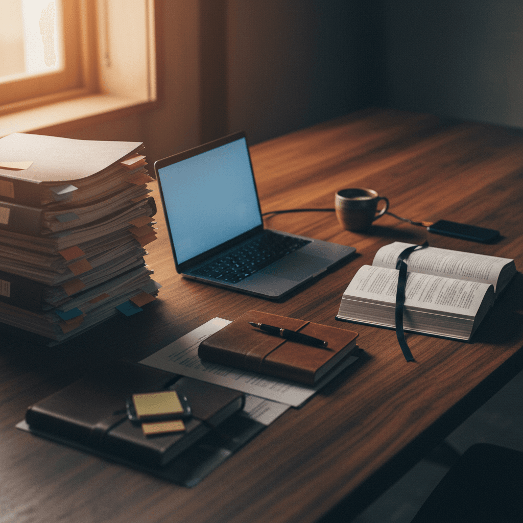 Escritorio de abogado con laptop, expedientes y libros legales bajo luz cálida vespertina.
