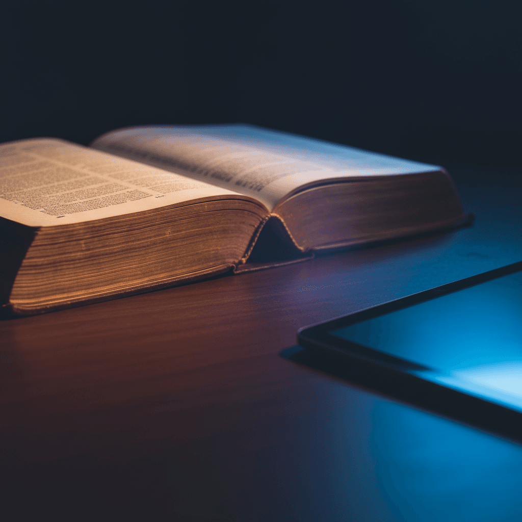 Libro de leyes abierto bajo luz cálida junto a una tablet con destello azul, diálogo entre lo análogo y lo digital.