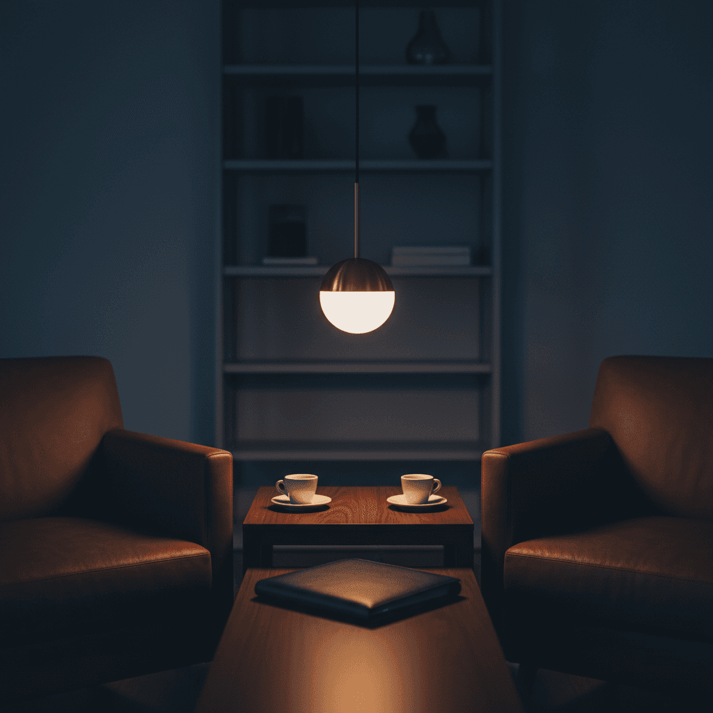 Espacio de reunión acogedor con dos sillones de cuero, mesita con tazas de café y lámpara colgante cálida.