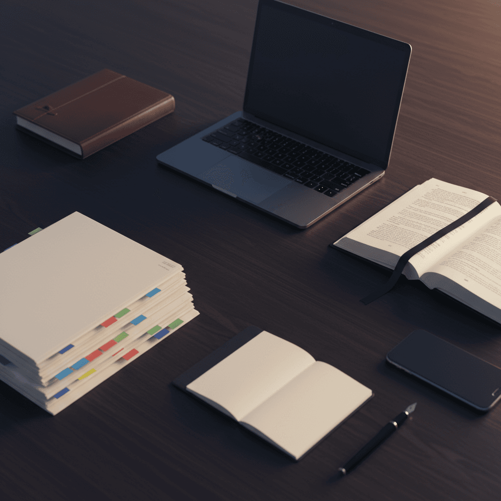 Vista cenital de un escritorio organizado con calendario, expedientes con tabs colorados, laptop, libro de leyes y pluma.