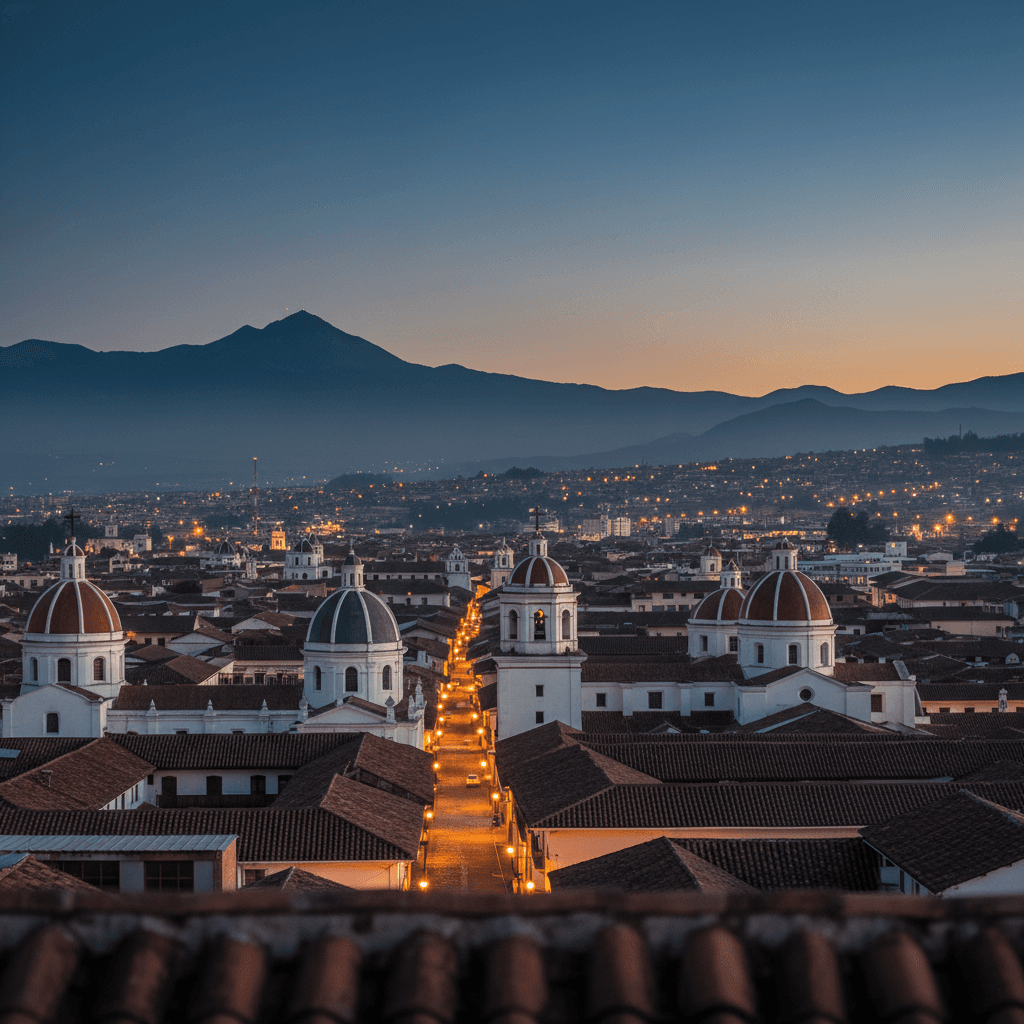 Vista del centro histórico de Quito al atardecer, cúpulas coloniales y la cordillera andina al fondo.