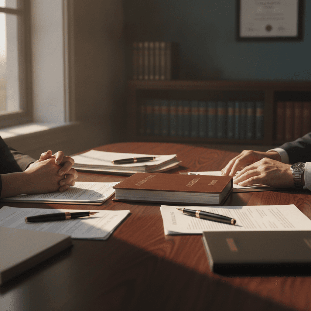 Dos manos de abogados sobre una mesa de sala de reuniones con documentos legales y bolígrafos, en luz cálida de ventana.