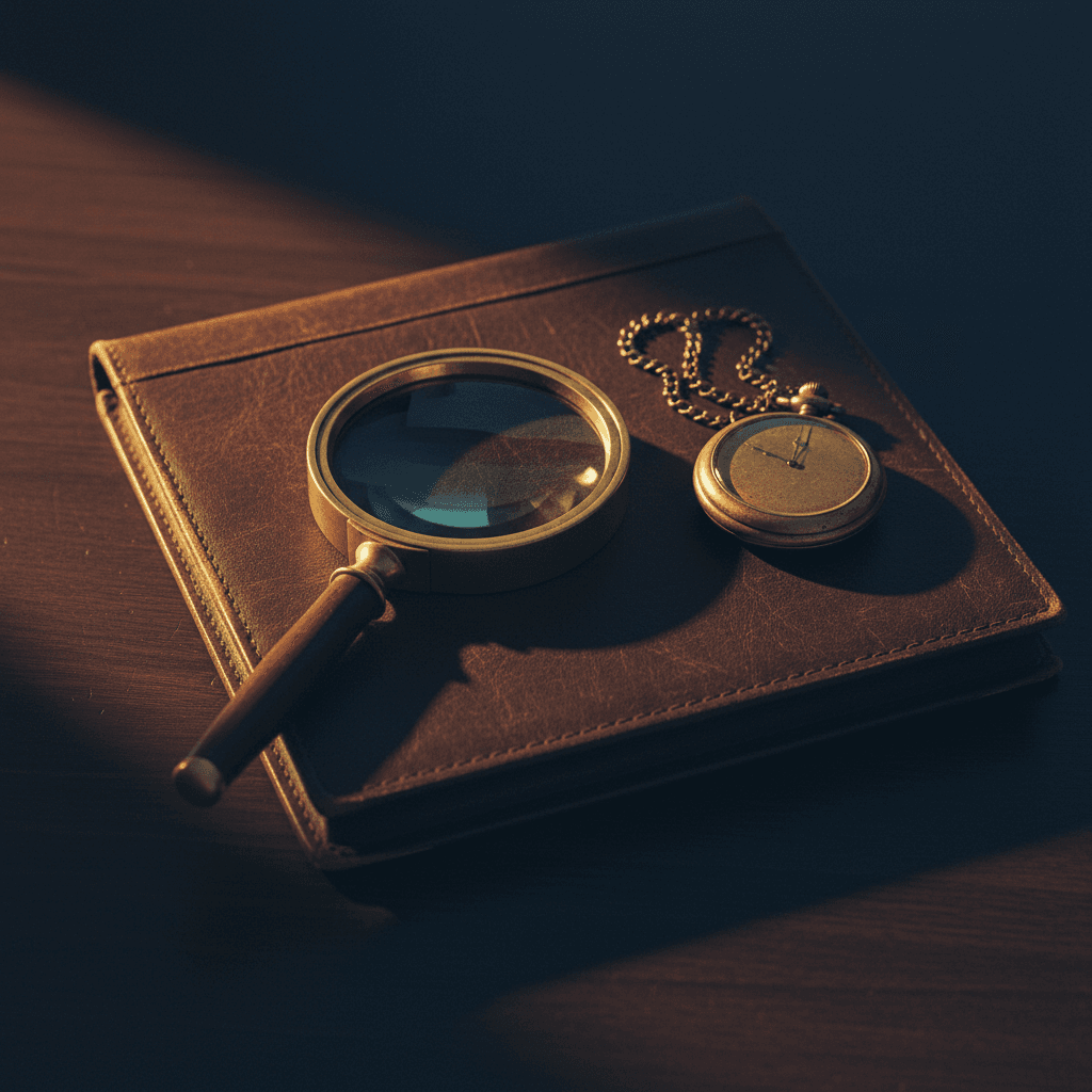 Lupa sobre un documento legal apoyada en escritorio de madera oscura, con un reloj de bolsillo de bronce al lado.